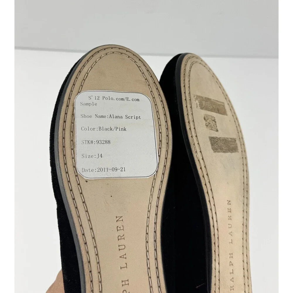 Vintage RALPH LAUREN POLO Girls Size 4 Ballet Flats Monogram RL BLK Pink Velvet